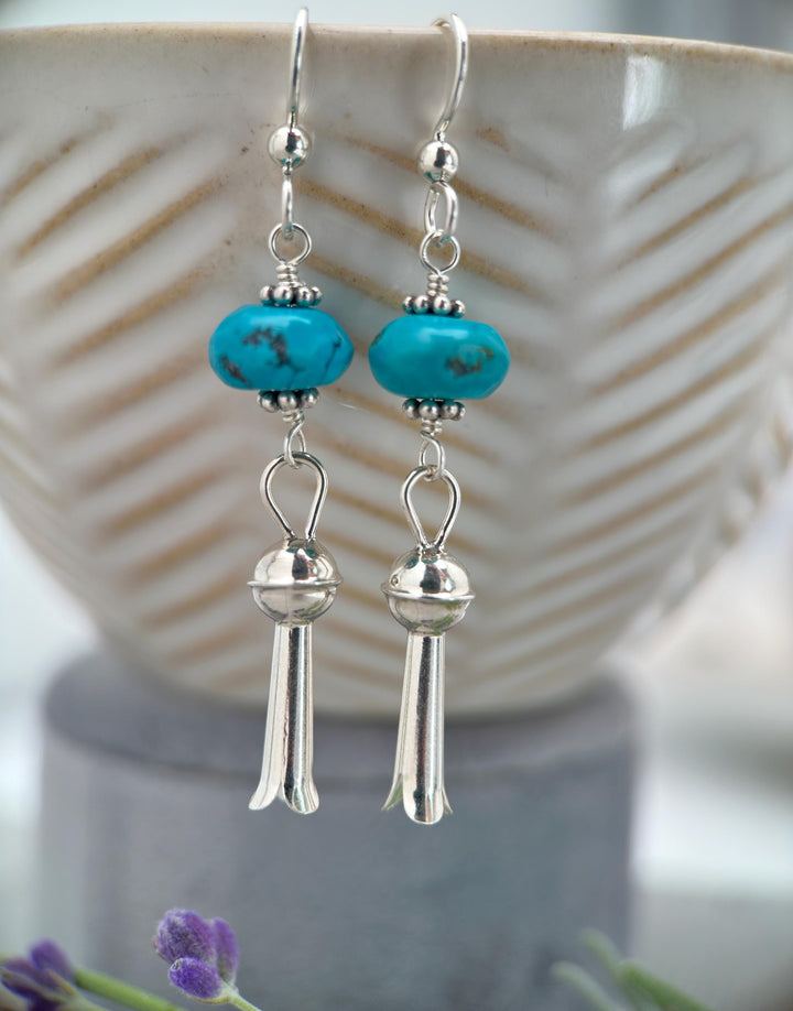 Turquoise and Navajo Sterling Silver Squash Blossom Earrings - SunlightSilver