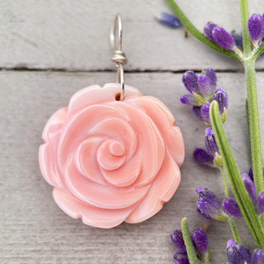 Large Carved Pink Queen Conch Shell Flower and Sterling Silver Pendant - SunlightSilver