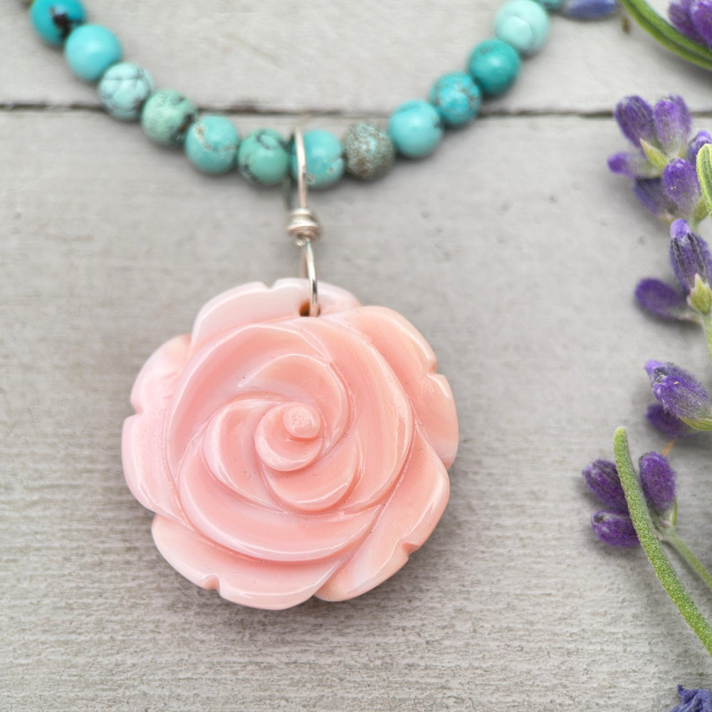 Large Carved Pink Queen Conch Shell Flower and Sterling Silver Pendant - SunlightSilver