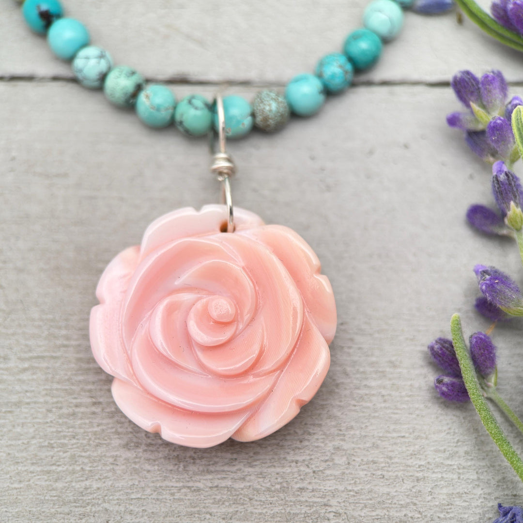 Large Carved Pink Queen Conch Shell Flower and Sterling Silver Pendant - SunlightSilver