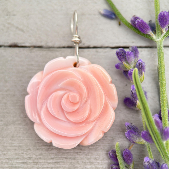 Large Carved Pink Queen Conch Shell Flower and Sterling Silver Pendant - SunlightSilver