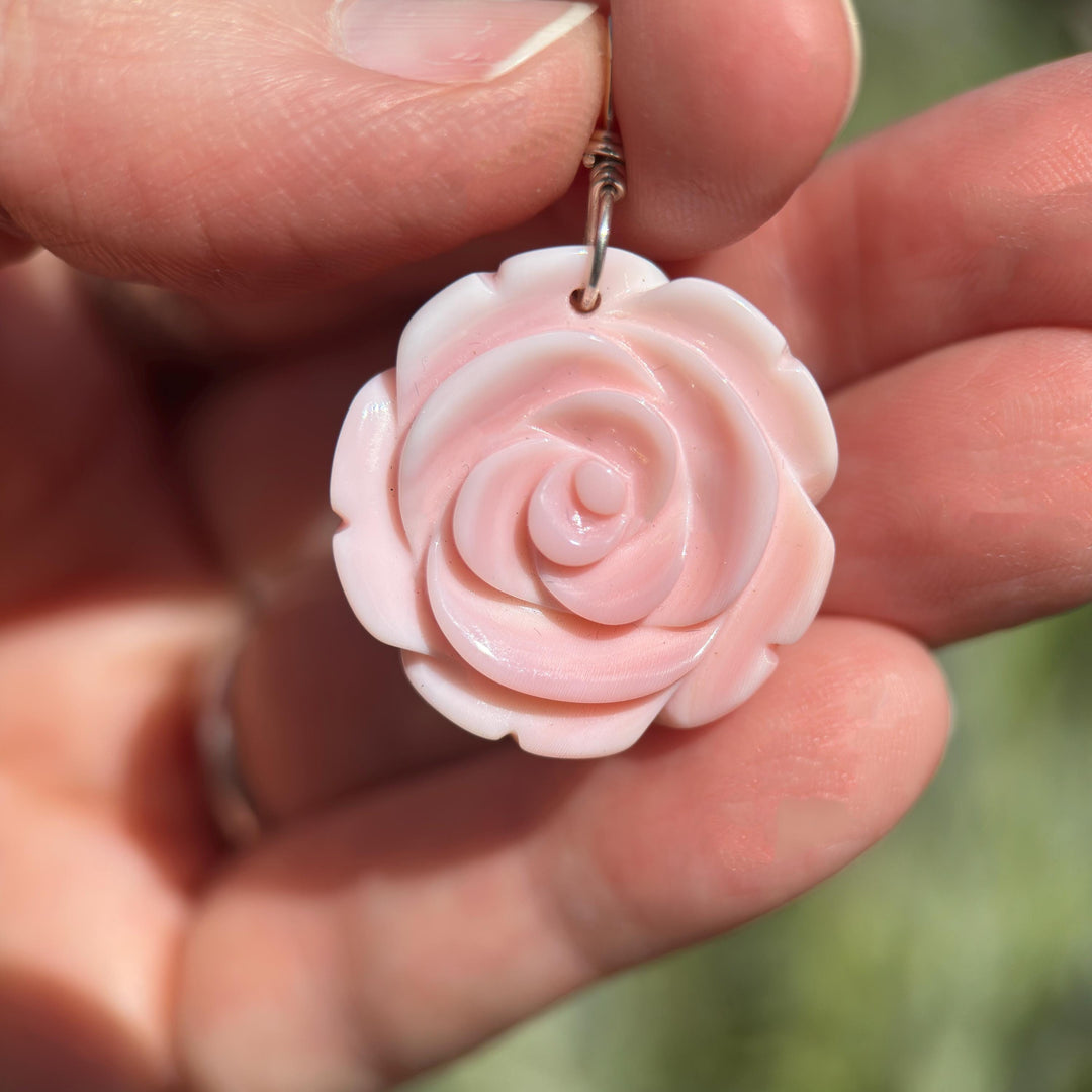 Large Carved Pink Queen Conch Shell Flower and Sterling Silver Pendant - SunlightSilver