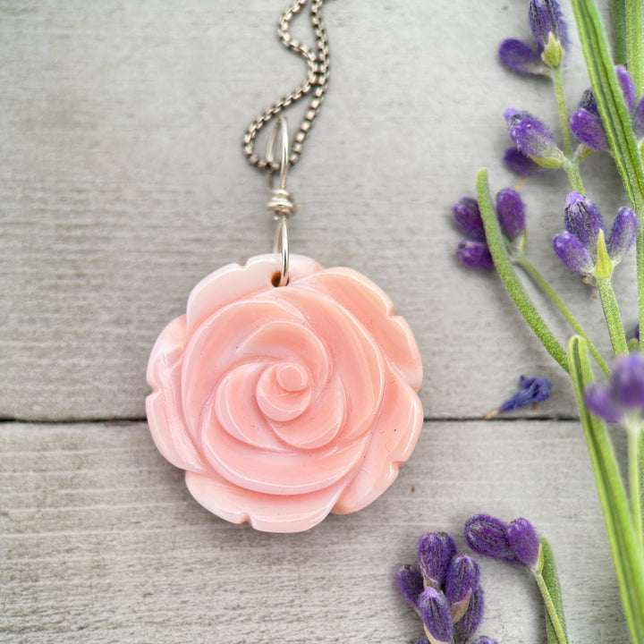 Large Carved Pink Queen Conch Shell Flower and Sterling Silver Pendant - SunlightSilver