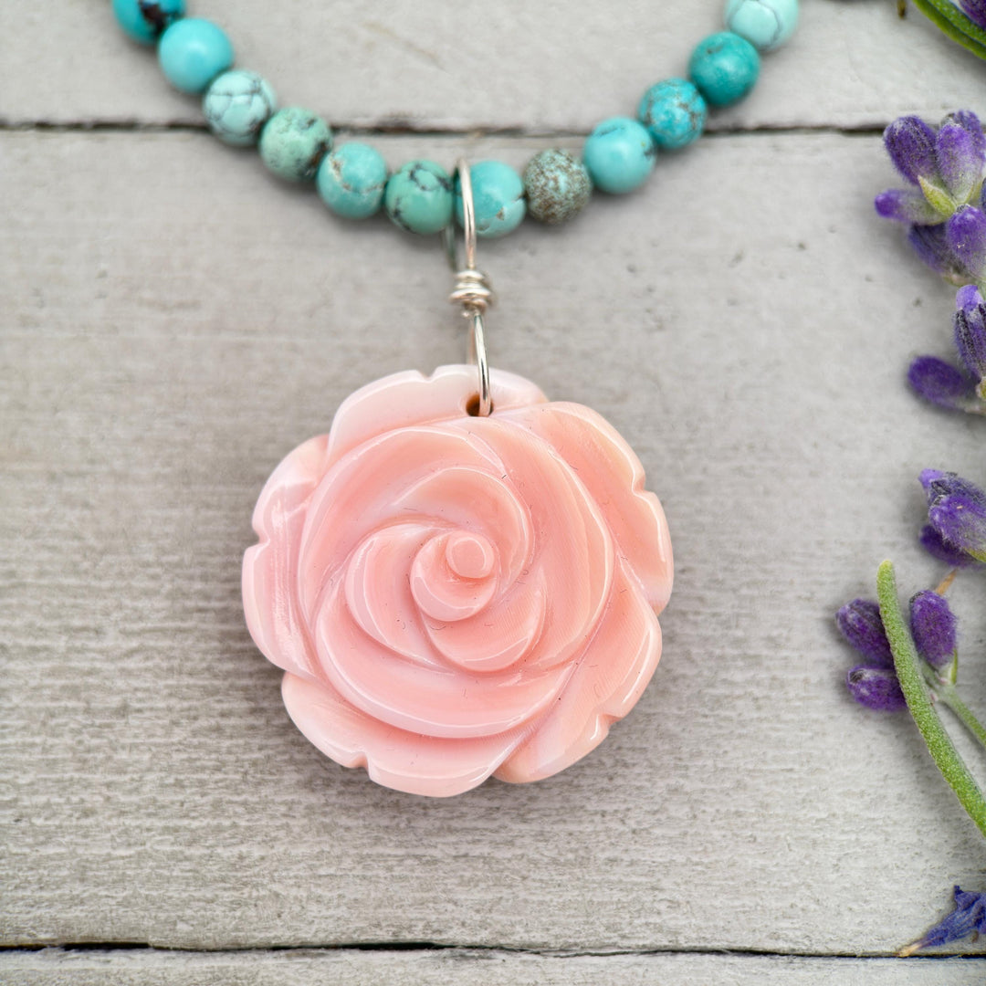 Large Carved Pink Queen Conch Shell Flower and Sterling Silver Pendant - SunlightSilver