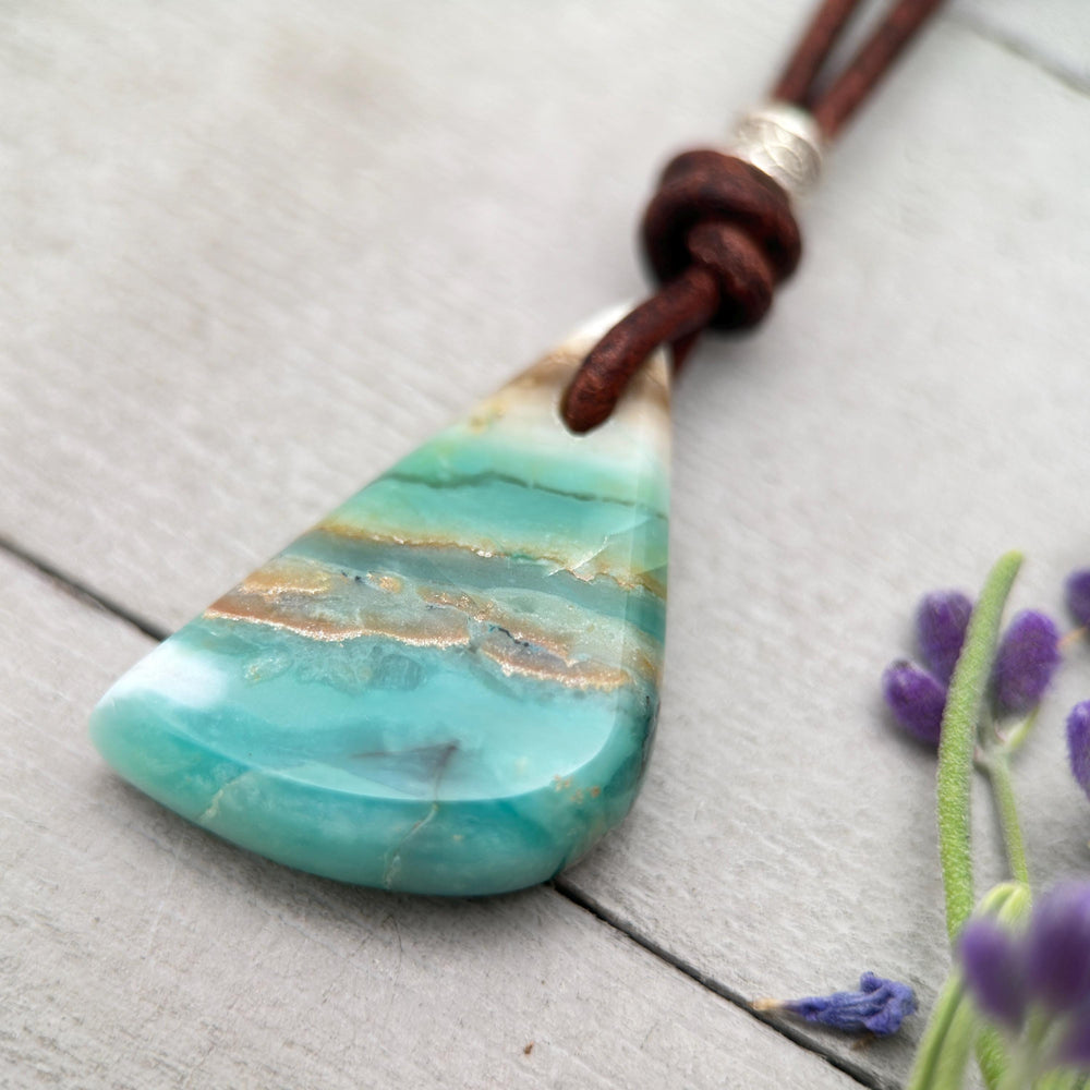 Opalized Petrified Wood Necklace | Indonesian Fossil Gemstone Pendant with Sterling Silver & Rustic Brown Leather | Ocean Beach Scenic Stone - SunlightSilver