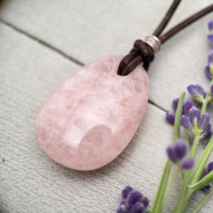 Rose Quartz Pendant Necklace – Polished Pink Gemstone on Brown Leather Cord – Light Pink Healing Crystal - Handmade in the USA - SunlightSilver