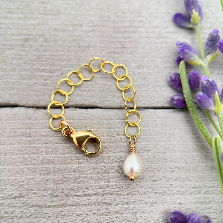 Jewelry Extender in 14k Yellow Gold Fill with White Freshwater Pearl Charm - SunlightSilver