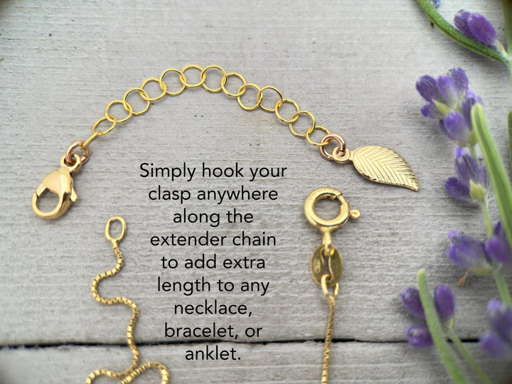14k Yellow Gold Fill Necklace Extender with Leaf Charm, Choose 1-6 Inches - SunlightSilver