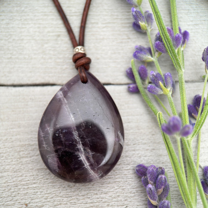 Large Amethyst Pendant Necklace – Deep Purple Gemstone on Rustic Leather – Healing Crystal - February Birthstone - Handmade in the USA - SunlightSilver