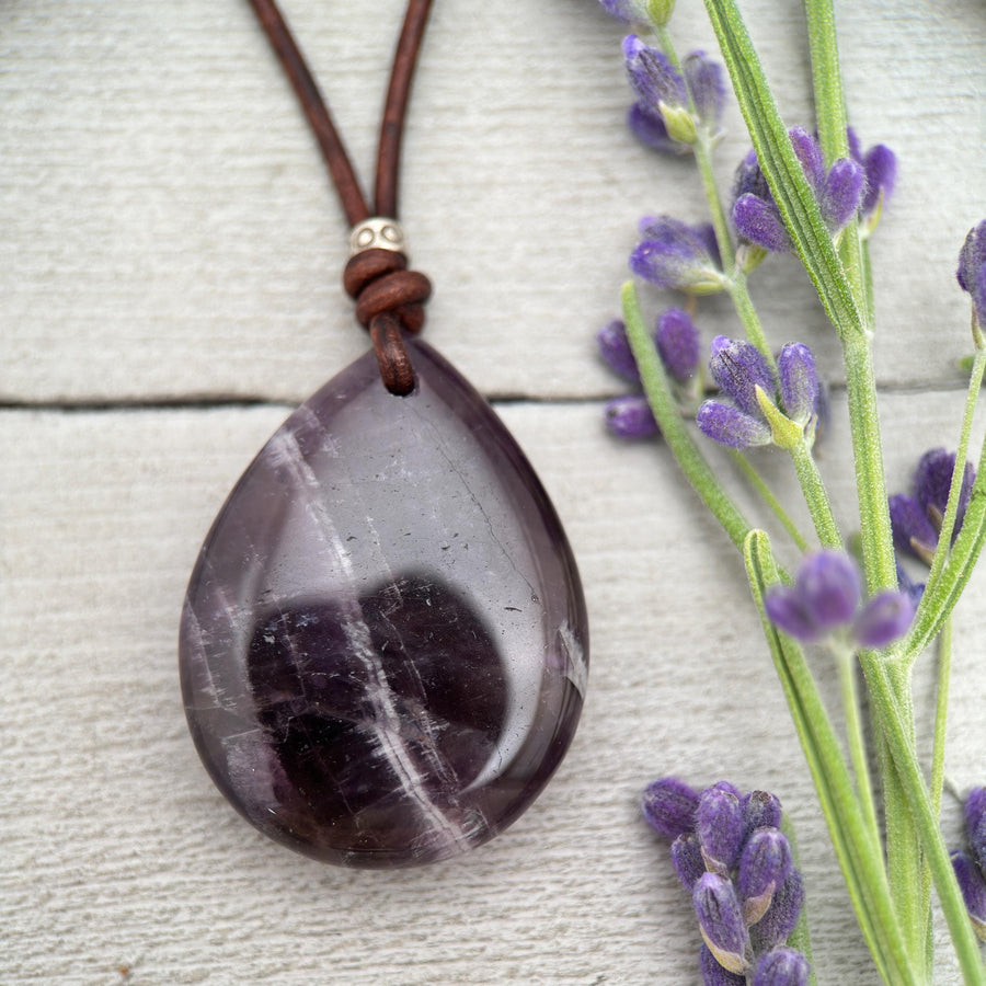 Large Amethyst Pendant Necklace – Deep Purple Gemstone on Rustic Leather – Healing Crystal - February Birthstone - Handmade in the USA - SunlightSilver