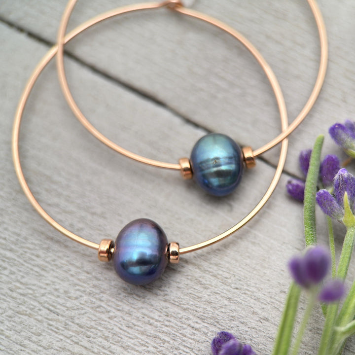 Freshwater Peacock Pearl and 14K Rose Gold Fill Hoop Earrings - SunlightSilver