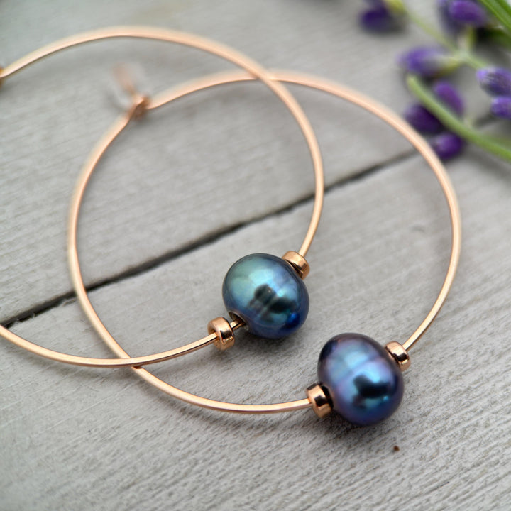 Rose Gold Hoop Earrings with Peacock Pearls | Handmade 14k Rose Gold Fill Hoops | Statement Lightweight 1 - SunlightSilver