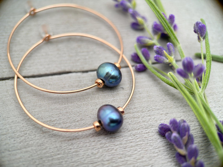 Freshwater Peacock Pearl and 14K Rose Gold Fill Hoop Earrings - SunlightSilver
