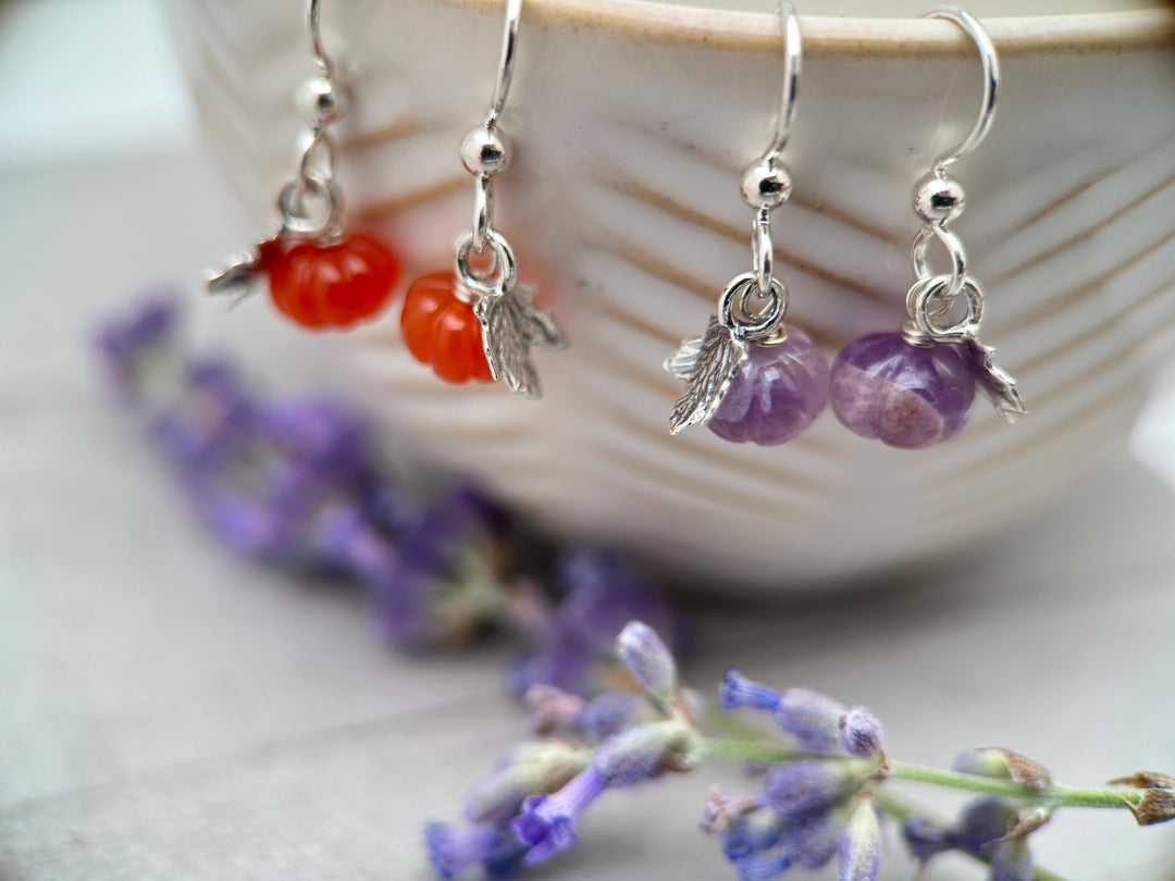 Mini Gemstone Pumpkin Sterling Silver Earrings - Choose Orange Carnelian or Purple Amethyst - Fall Autumn Halloween Jewelry - SunlightSilver
