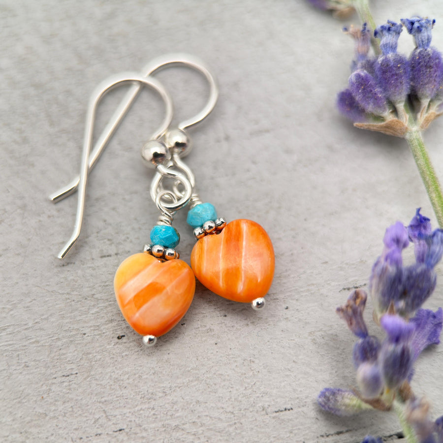 Petite Spiny Oyster and Turquoise Earrings – Orange Heart Shell Jewelry in 925 Silver -Turquoise Accents - SunlightSilver