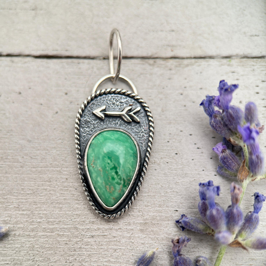 Green Variscite Necklace – Lucin Utah Gemstone Pendant – Arrow Protection Symbol in Silver - SunlightSilver