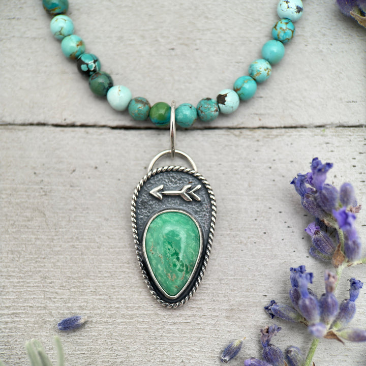 Green Variscite Necklace – Lucin Utah Gemstone Pendant – Arrow Protection Symbol in Silver - SunlightSilver