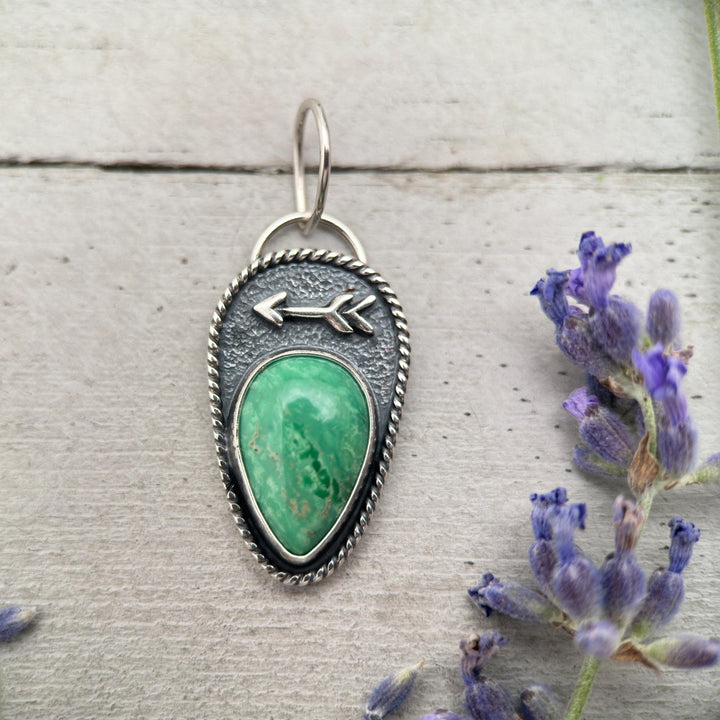 Green Variscite Necklace – Lucin Utah Gemstone Pendant – Arrow Protection Symbol in Silver - SunlightSilver