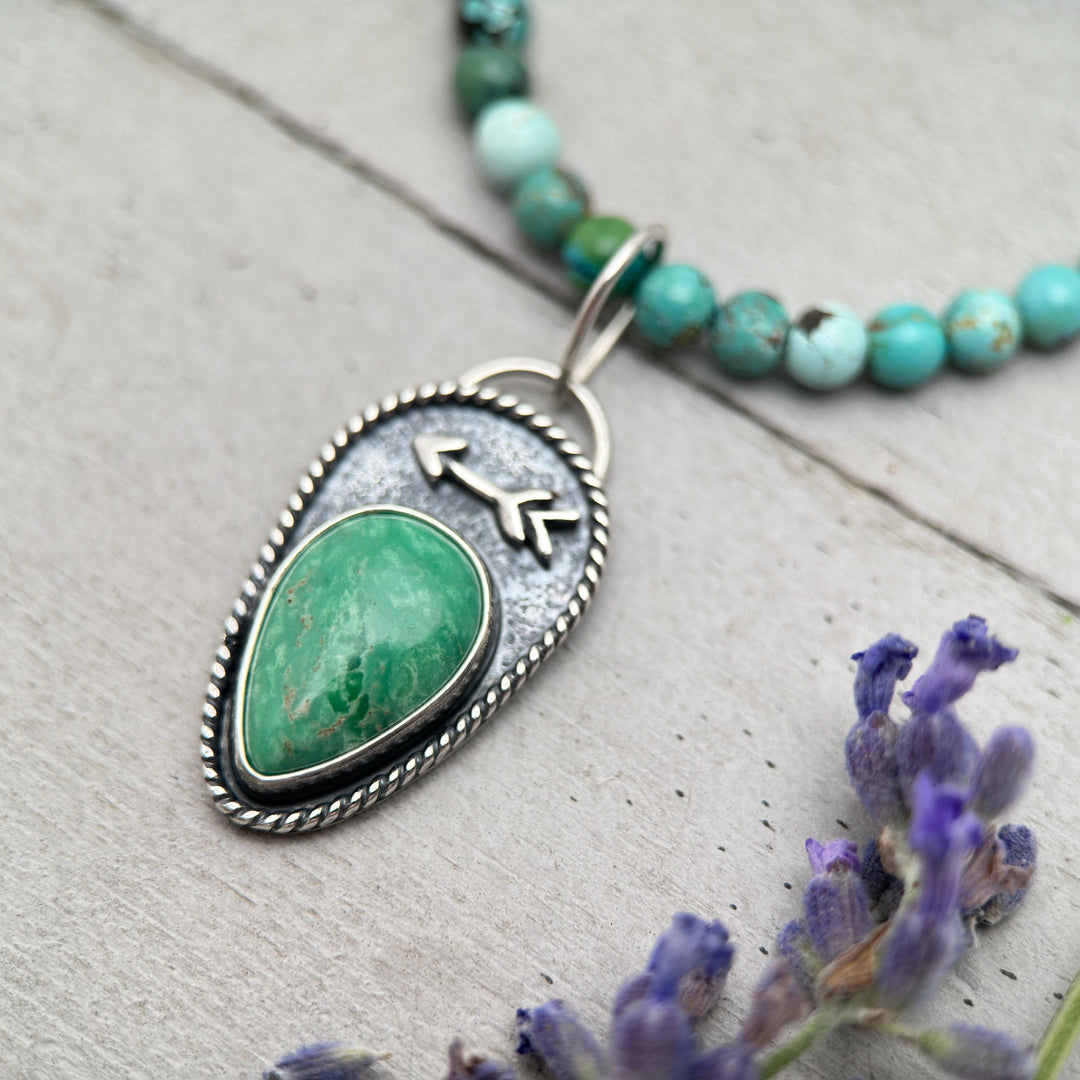 Green Variscite Necklace – Lucin Utah Gemstone Pendant – Arrow Protection Symbol in Silver - SunlightSilver