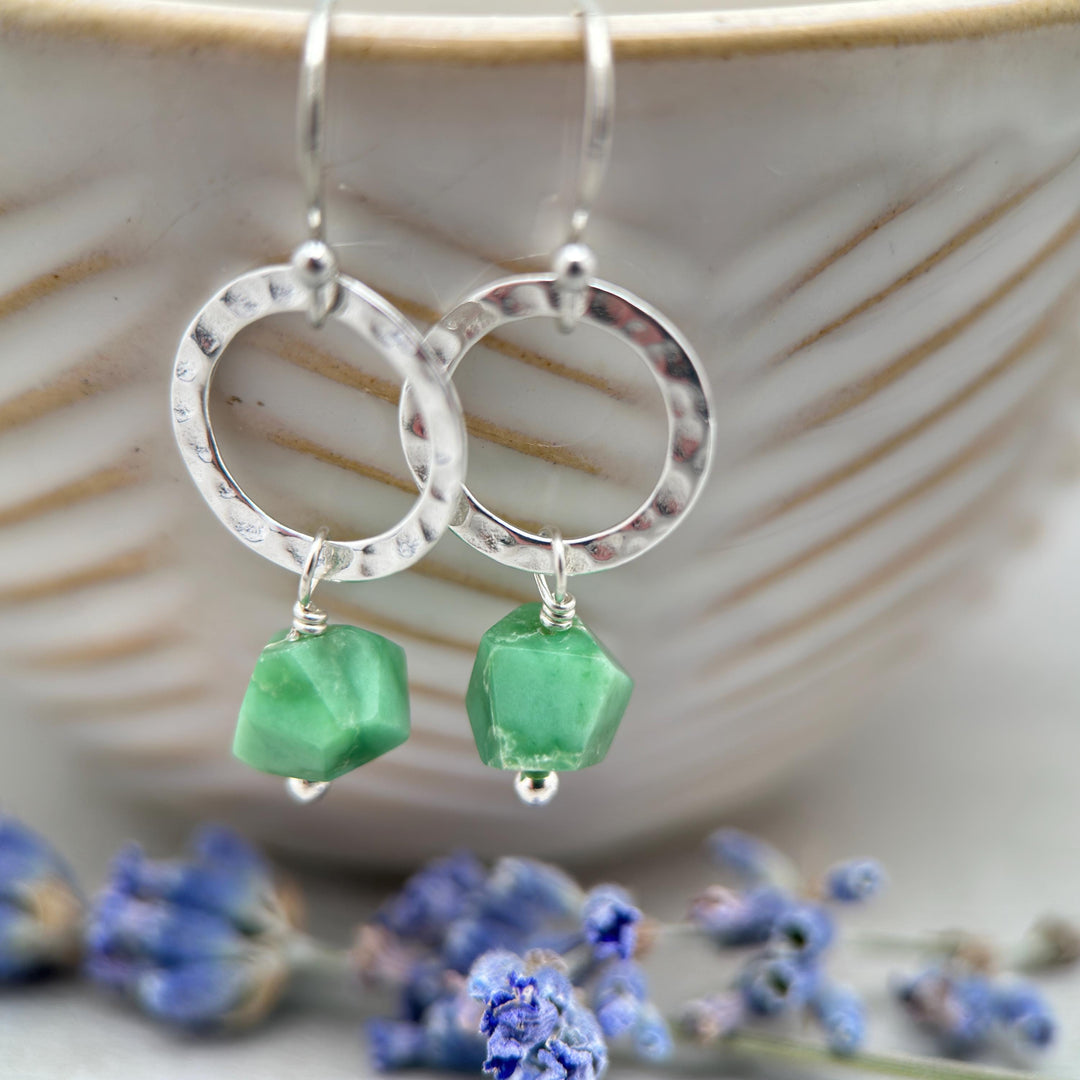 Green Variscite Earrings – Sterling Silver Loop Earrings – Handmade Gemstone Jewelry - SunlightSilver