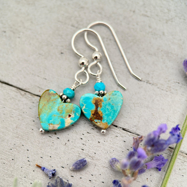 Kingman Turquoise Heart and Sterling Silver Earrings - Love symbol - American Rustic Southwest Turquoise - SunlightSilver
