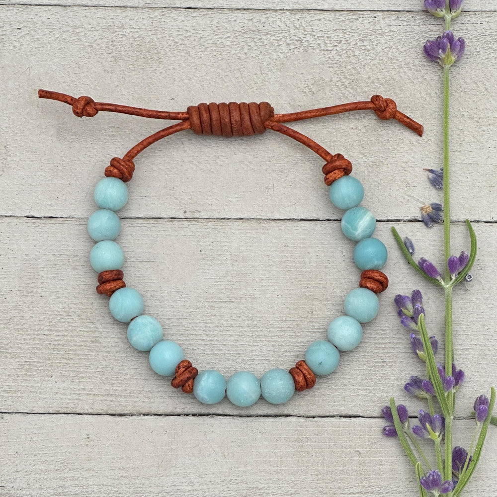 Blue Amazonite Gemstone and Rustic Brown Leather Bracelet - SunlightSilver