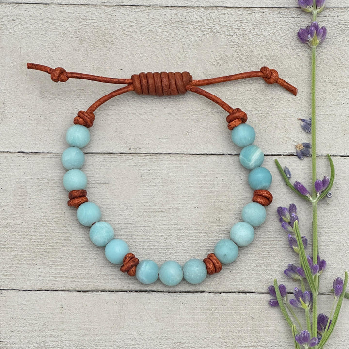 Blue Amazonite Gemstone and Rustic Brown Leather Bracelet - SunlightSilver