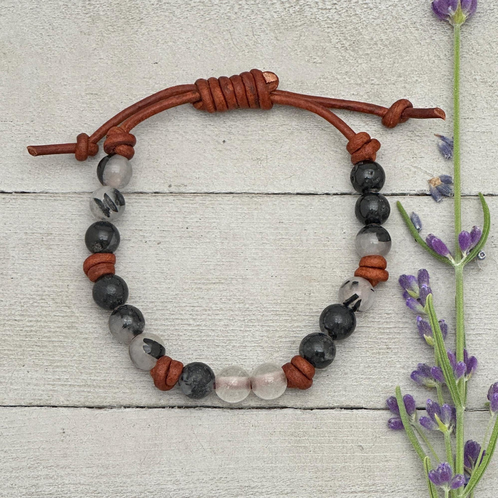 Rutilated Tourmalinated Quartz Crystal Leather Bracelet - SunlightSilver