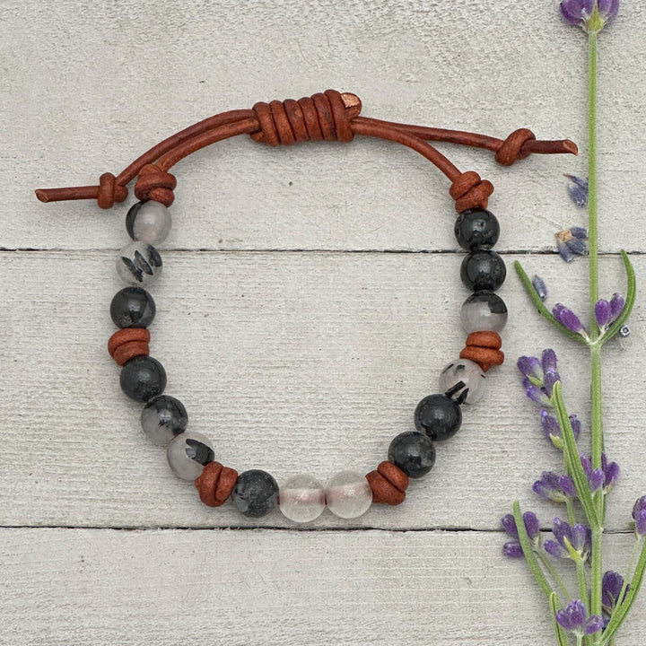 Rutilated Tourmalinated Quartz Crystal Leather Bracelet - SunlightSilver