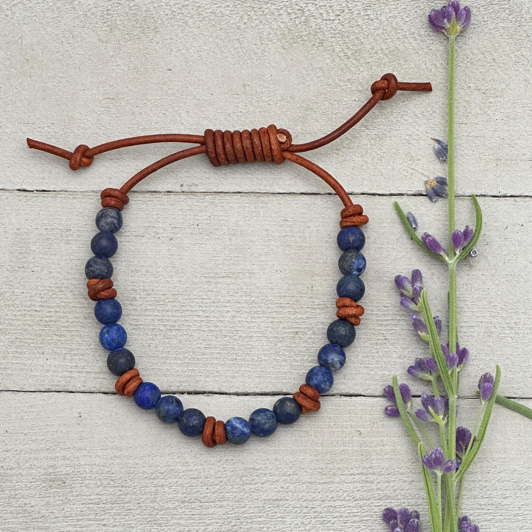 Lapis Lazuli and Rustic Brown Leather Bracelet - SunlightSilver