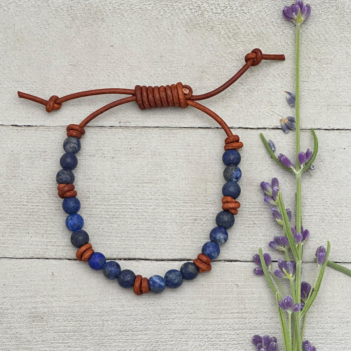 Lapis Lazuli and Rustic Brown Leather Bracelet - SunlightSilver
