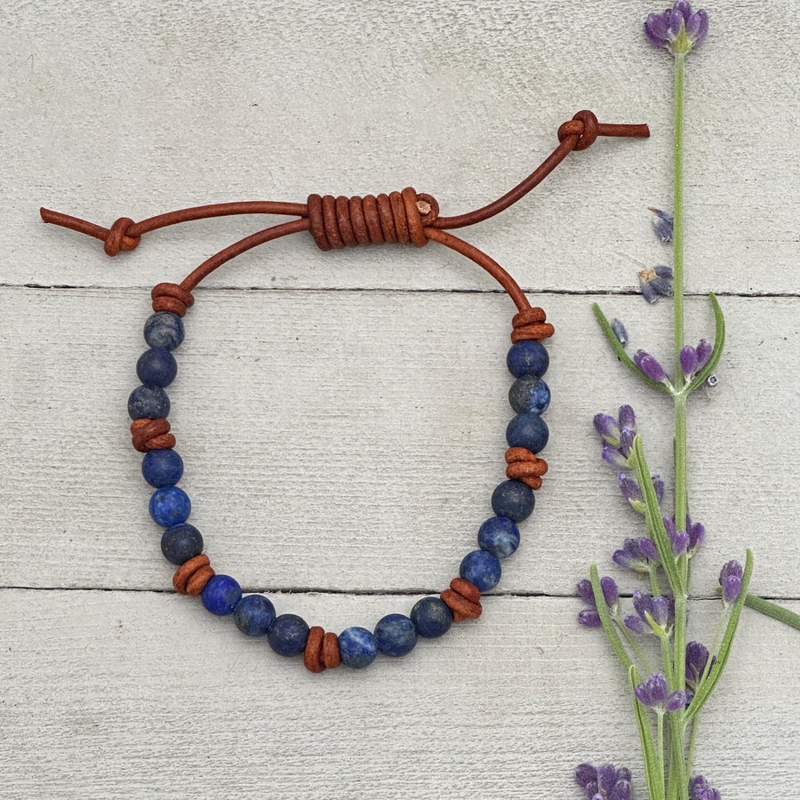 Lapis Lazuli and Rustic Brown Leather Bracelet - SunlightSilver