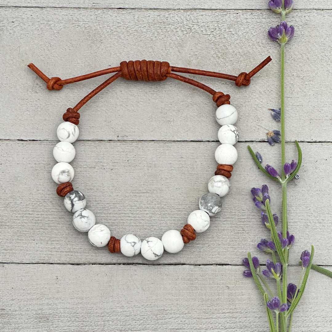 Howlite Gemstone and Rustic Brown Leather Stacking Crystal Bracelet - SunlightSilver