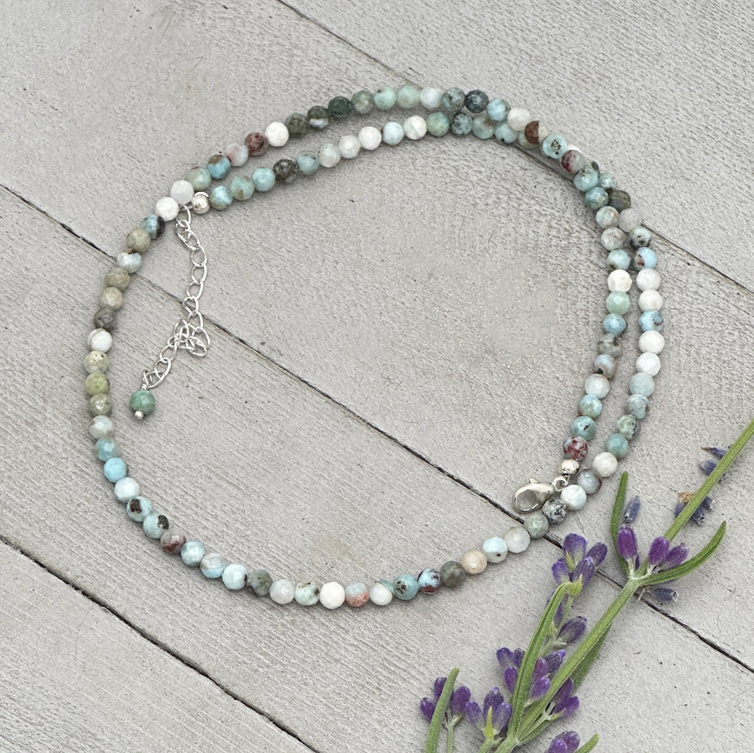 4mm Multicolor Faceted Beaded Larimar and Sterling Silver Silver Necklace - SunlightSilver