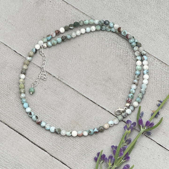 4mm Multicolor Faceted Beaded Larimar and Sterling Silver Silver Necklace - SunlightSilver