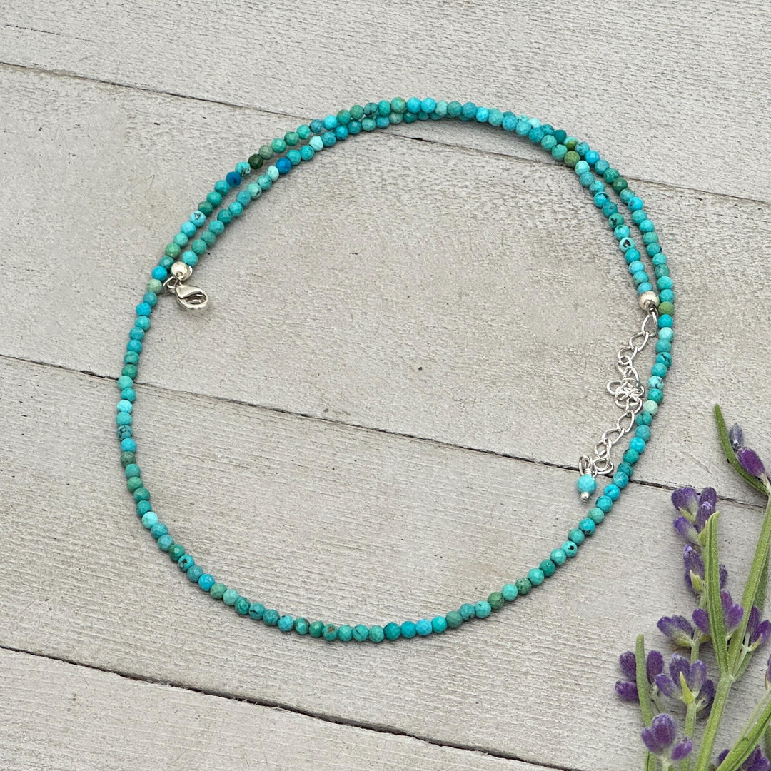 Turquoise Beaded Necklace – 2mm Faceted Blue-Green Gemstones with Sterling Silver – Handmade in the USA - SunlightSilver
