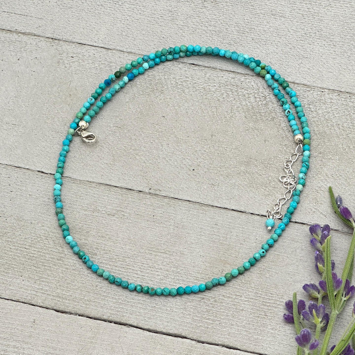 Turquoise Beaded Necklace – 2mm Faceted Blue-Green Gemstones with Sterling Silver – Handmade in the USA - SunlightSilver