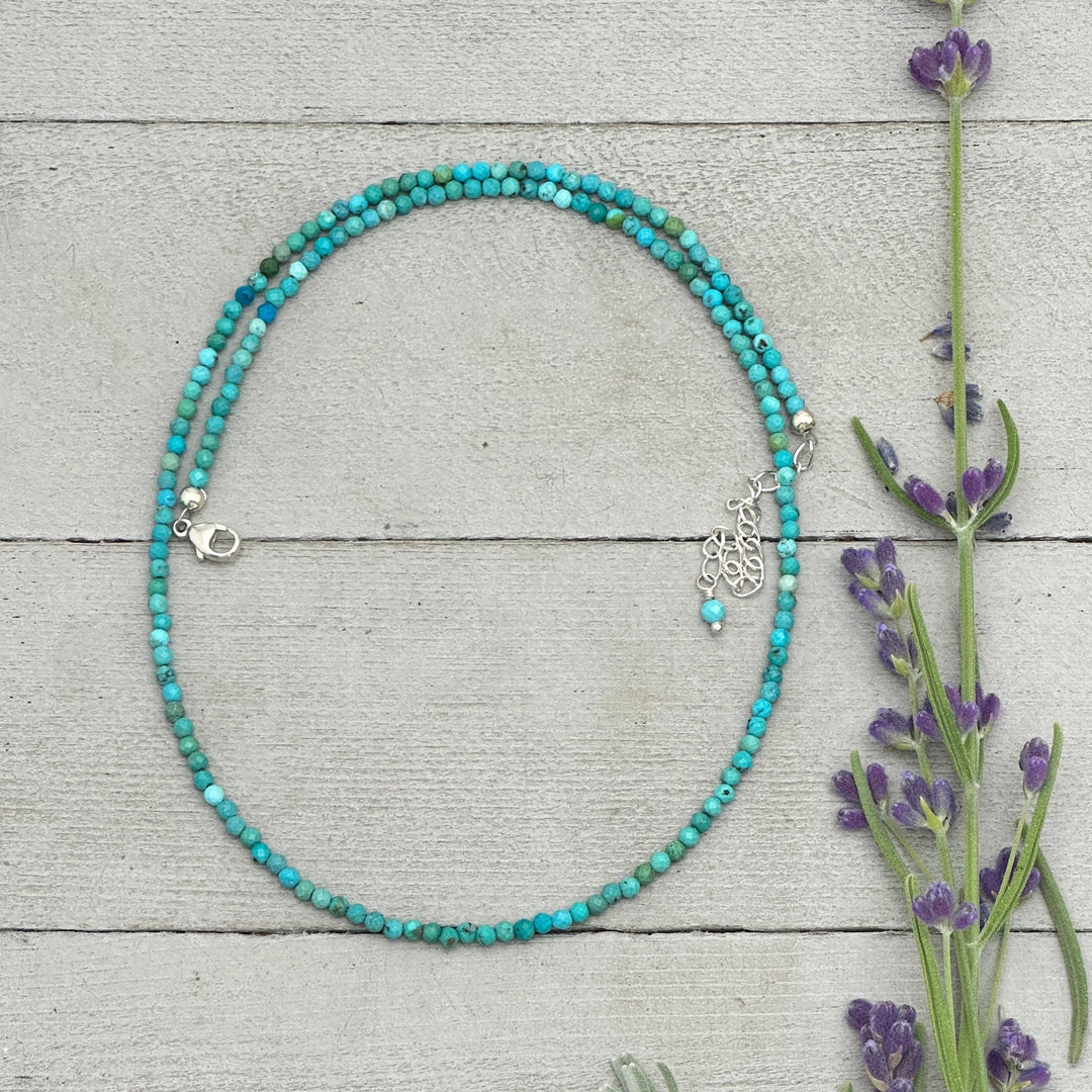 Turquoise Beaded Necklace – 2mm Faceted Blue-Green Gemstones with Sterling Silver – Handmade in the USA - SunlightSilver