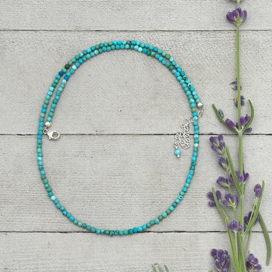 Turquoise Beaded Necklace – 2mm Faceted Blue-Green Gemstones with Sterling Silver – Handmade in the USA - SunlightSilver