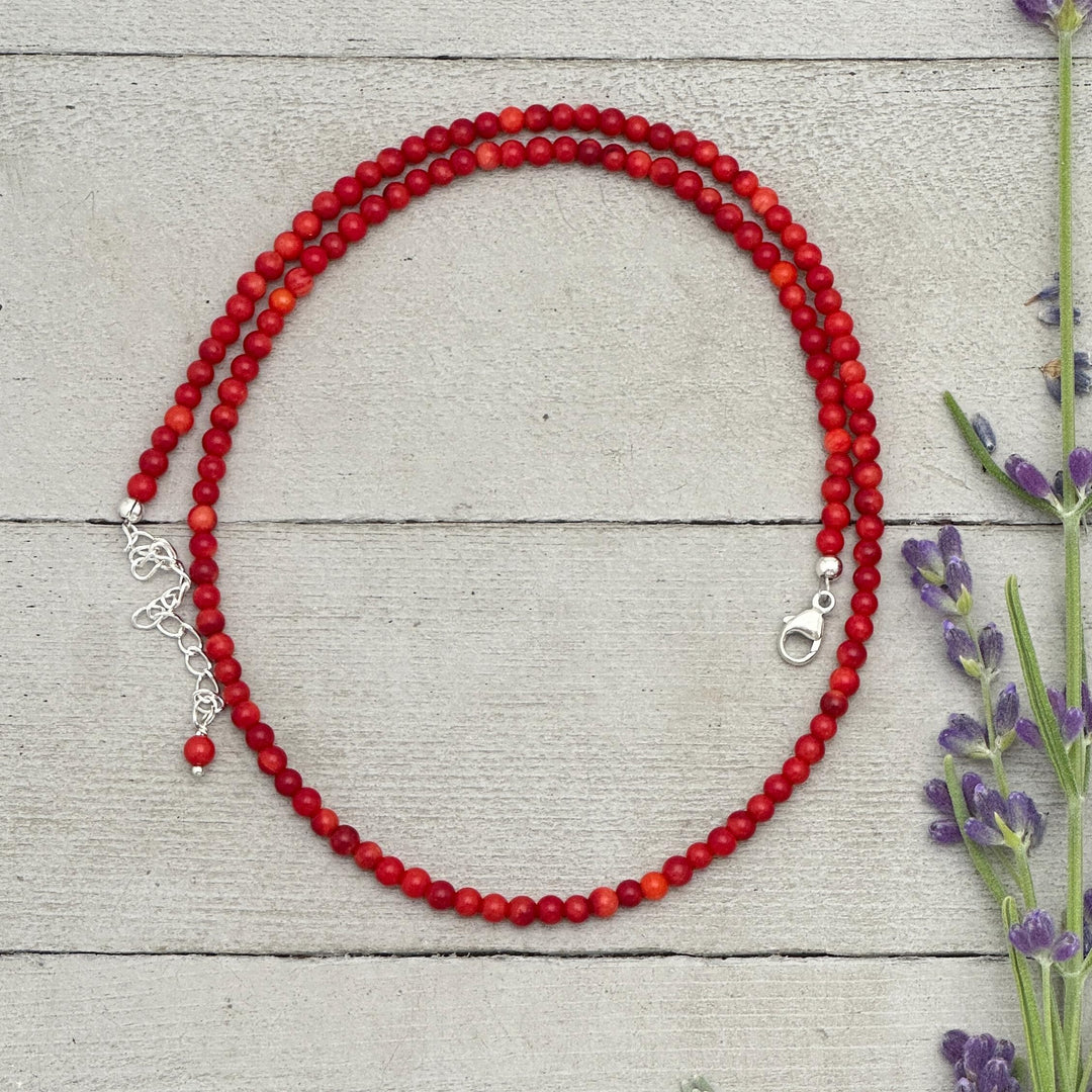 Red Coral Beaded Necklace – 4mm Genuine Coral Gemstone Strand with Sterling Silver, Adjustable 16–18 Inches - SunlightSilver