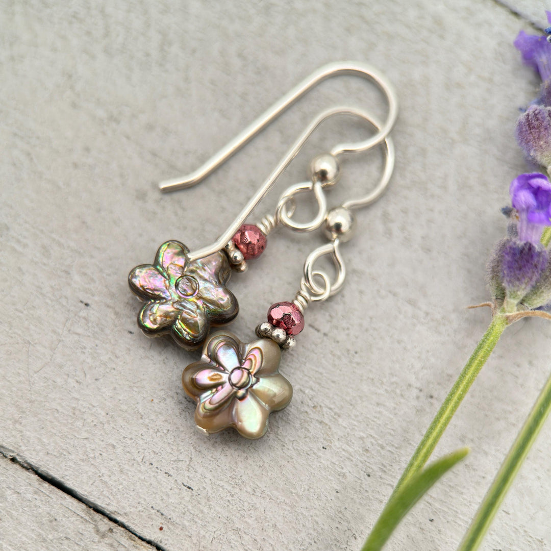 Petite Paua Abalone Flower Earrings | Handmade Sterling Silver Dangle Earrings with Hematite Accent - SunlightSilver