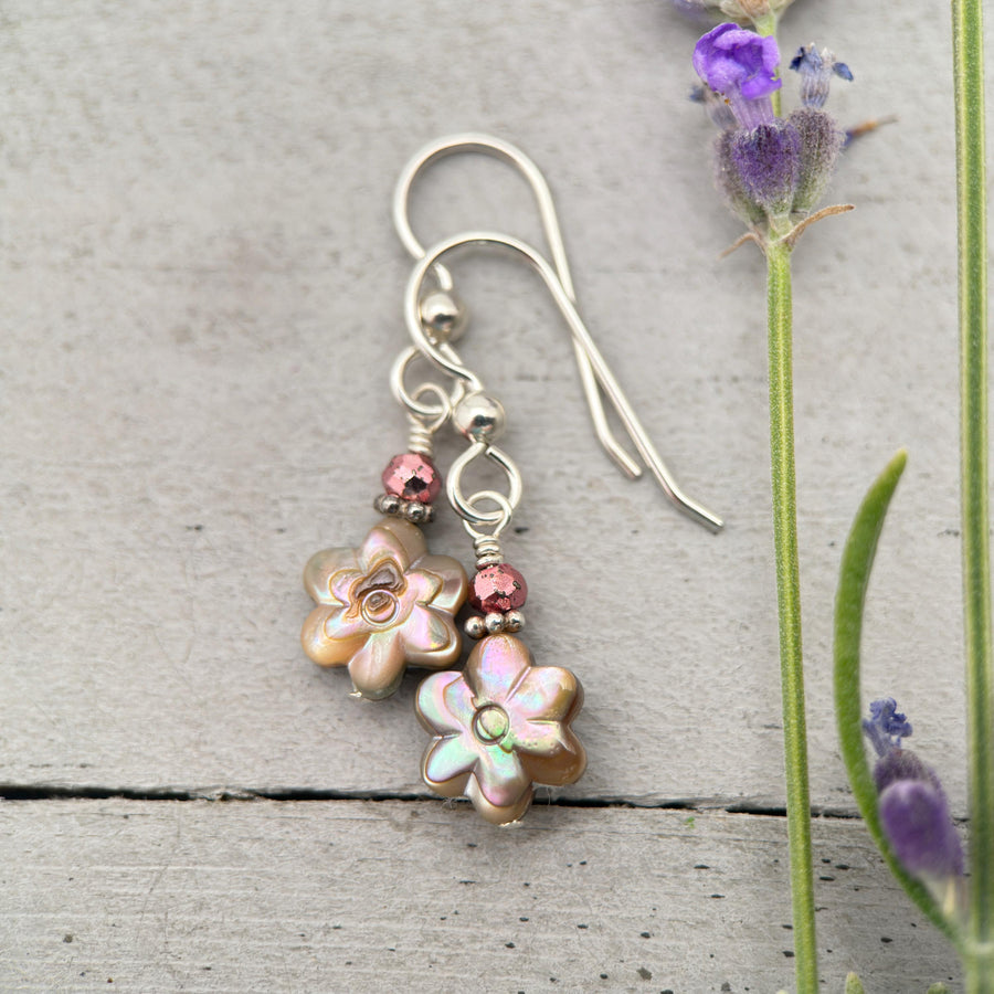 Petite Paua Abalone Flower Earrings | Handmade Sterling Silver Dangle Earrings with Hematite Accent - SunlightSilver