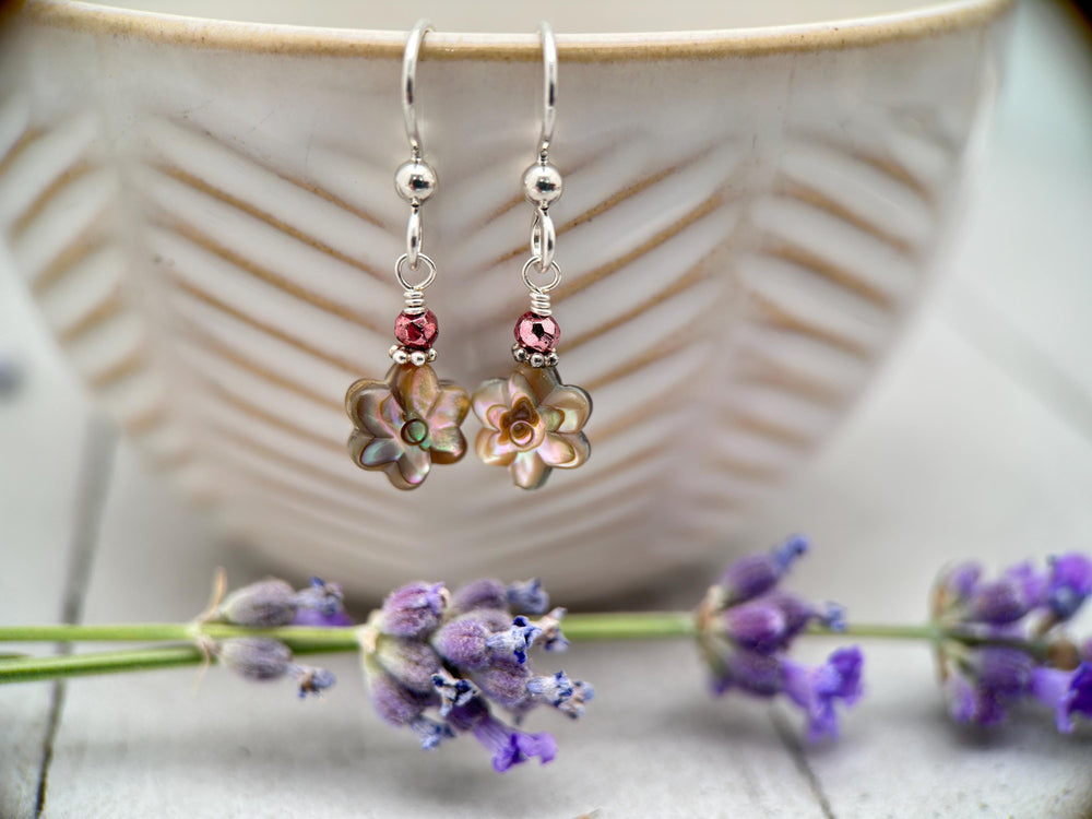 Petite Paua Abalone Flower Earrings | Handmade Sterling Silver Dangle Earrings with Hematite Accent - SunlightSilver