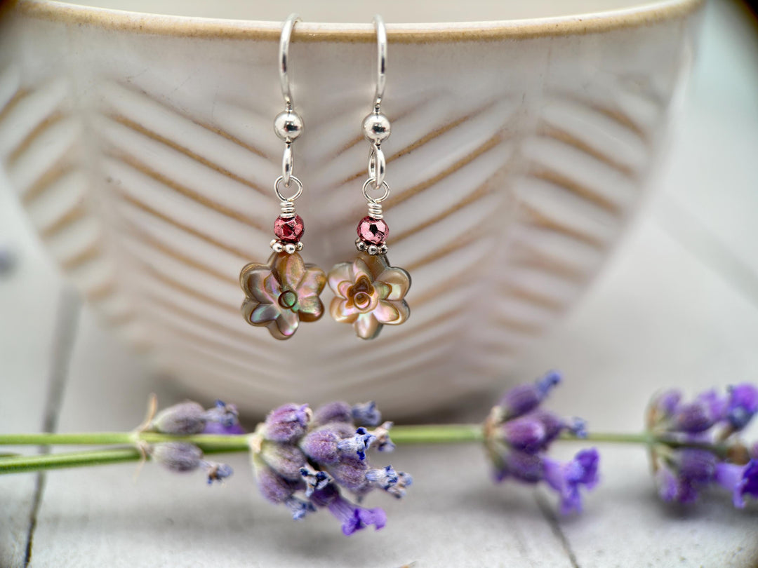 Petite Paua Abalone Flower Earrings | Handmade Sterling Silver Dangle Earrings with Hematite Accent - SunlightSilver