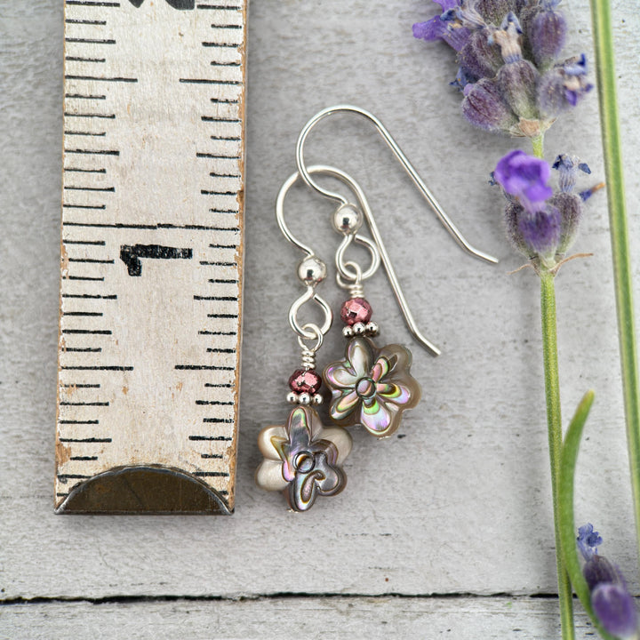 Petite Paua Abalone Flower Earrings | Handmade Sterling Silver Dangle Earrings with Hematite Accent - SunlightSilver