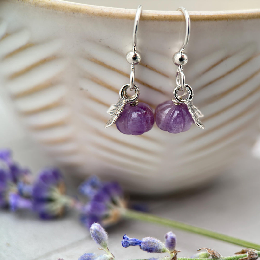 Mini Gemstone Pumpkin Sterling Silver Earrings - Choose Orange Carnelian or Purple Amethyst - Fall Autumn Halloween Jewelry - SunlightSilver