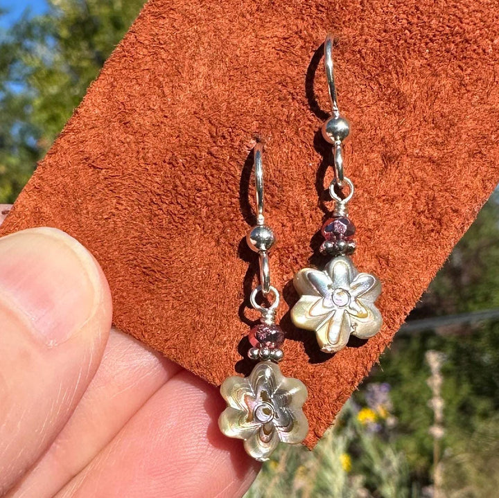 Petite Paua Abalone Flower Earrings | Handmade Sterling Silver Dangle Earrings with Hematite Accent - SunlightSilver