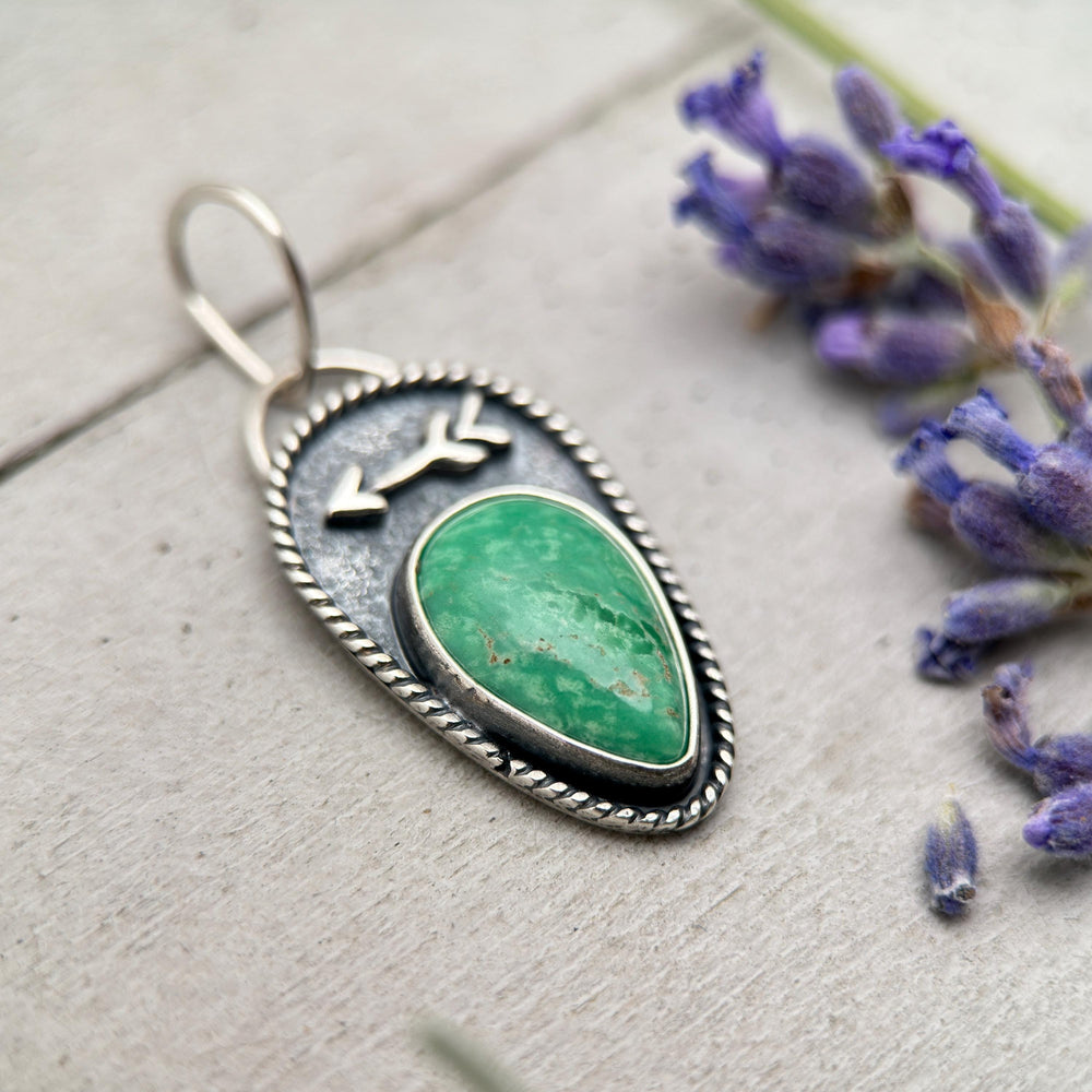 Green Variscite Necklace – Lucin Utah Gemstone Pendant – Arrow Protection Symbol in Silver - SunlightSilver