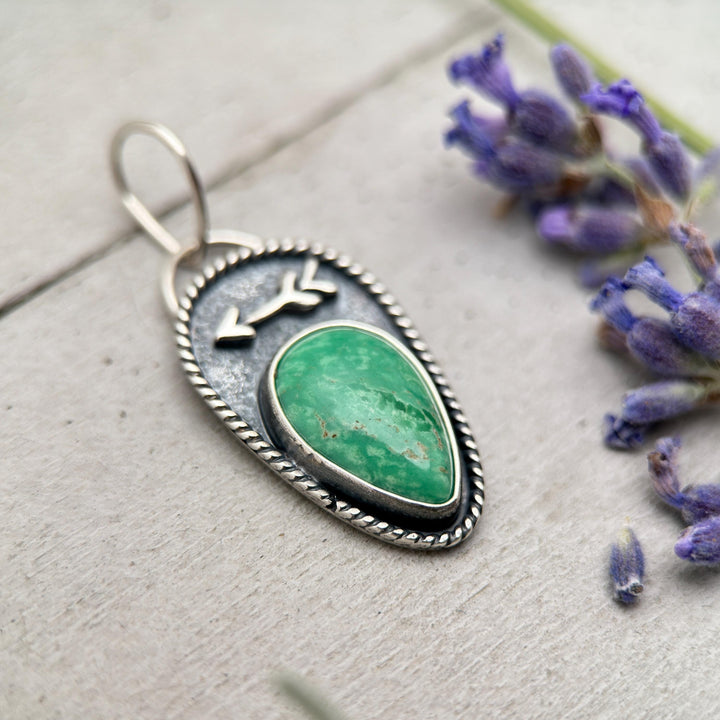 Green Variscite Necklace – Lucin Utah Gemstone Pendant – Arrow Protection Symbol in Silver - SunlightSilver