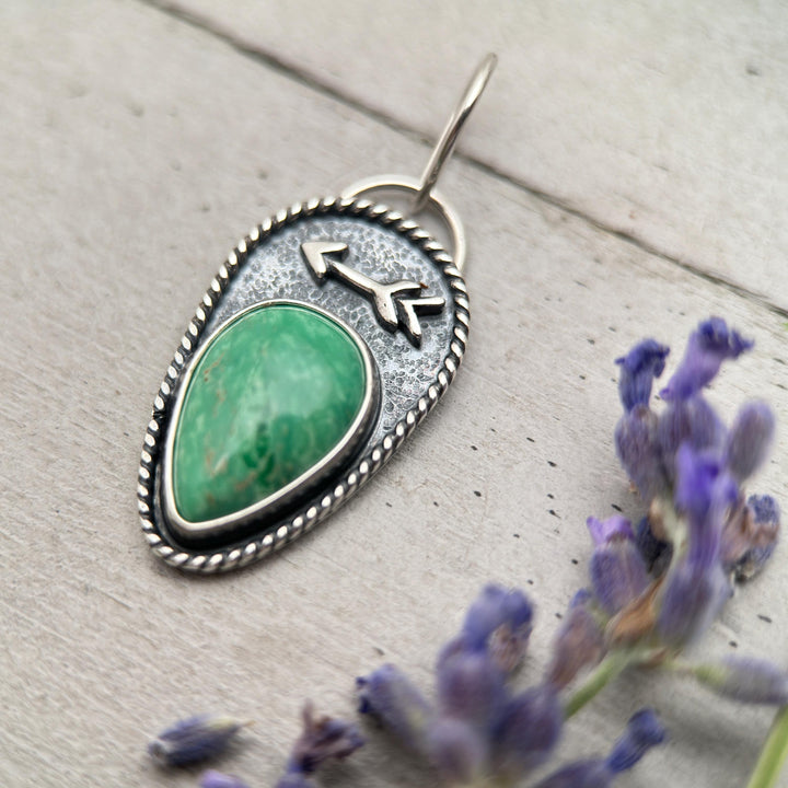 Green Variscite Necklace – Lucin Utah Gemstone Pendant – Arrow Protection Symbol in Silver - SunlightSilver
